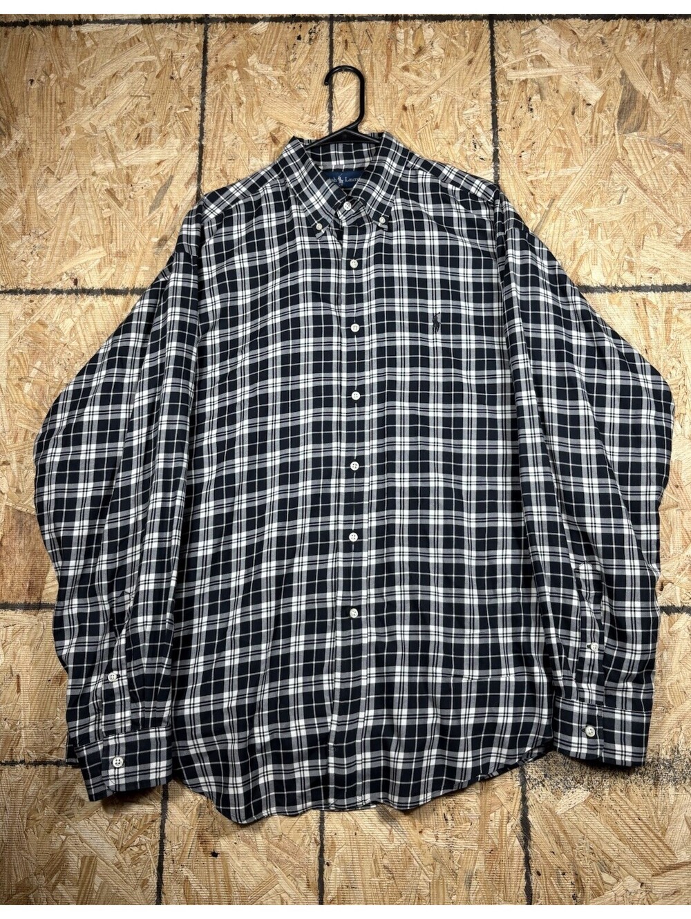 Ralph Lauren Shirt Mens L Plaid Black/White Button Down Blake Cot. Black Pony!